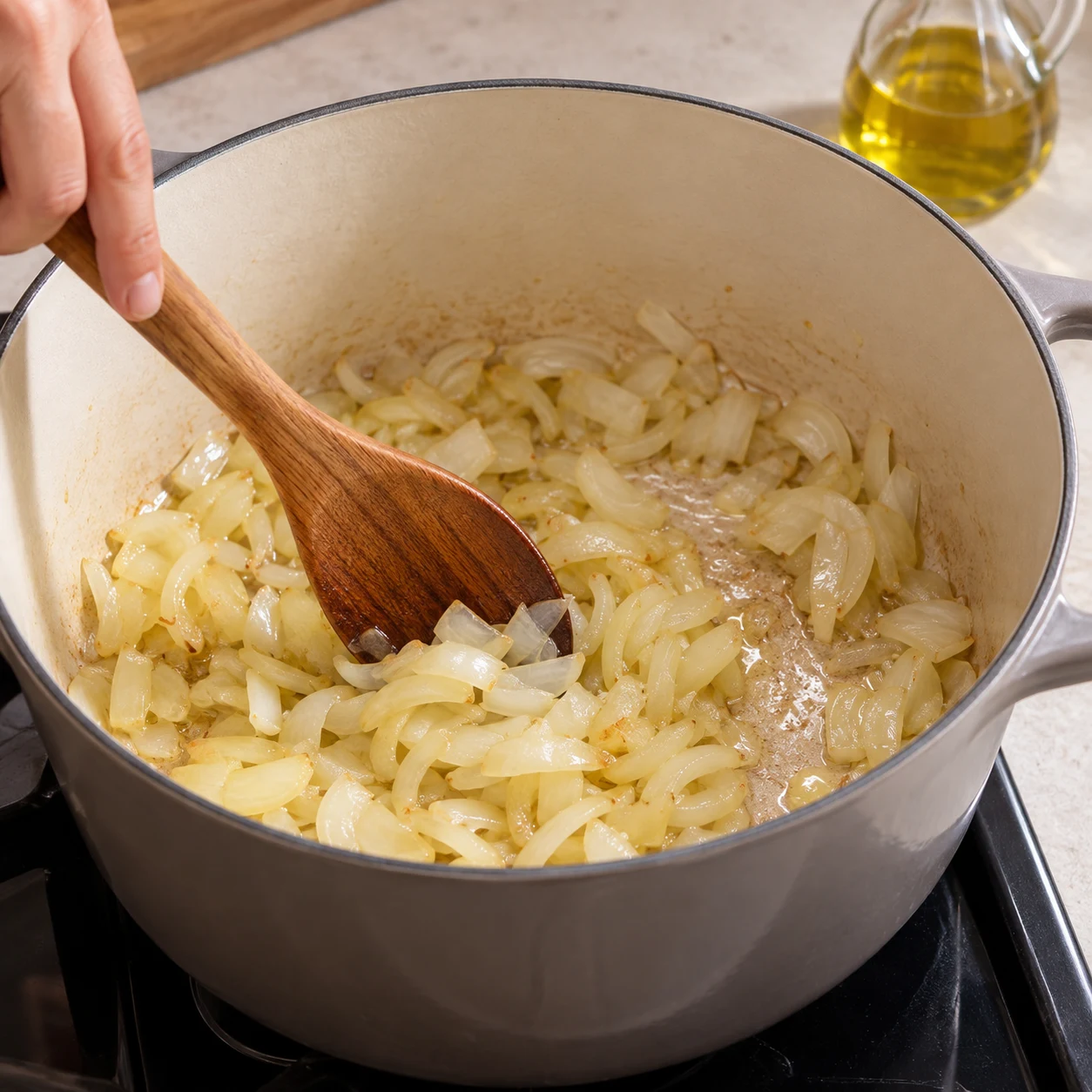 Fais revenir les oignons dans un grand faitout avec un peu d’huile. Montrer seulement les ingrédients présents à cette étape, fidèles à la capture source, dans un cadre de livre de cuisine neutre sans visage, texte ni marque. Adaptation validée : représenter des champignons de Paris blancs et une boule à épices contenant les herbes de Provence, uniquement lorsqu’ils sont présents dans cette étape.