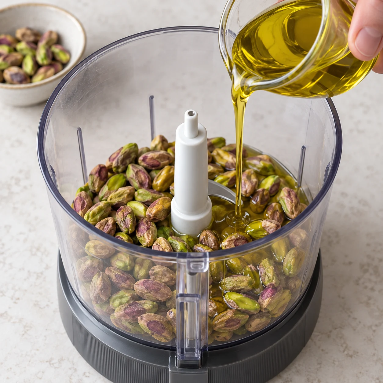 Pistaches décortiquées vertes et mauves dans le bol transparent ; filet d’huile d’olive ; pas encore d’ail, de fromage végétal ni de persil.