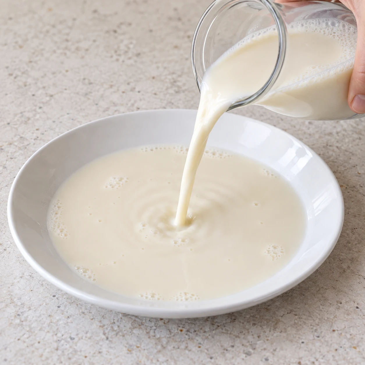 Photographie pédagogique de cette seule action : Verse les 150 ml de lait de soja non sucré dans la deuxième assiette. État final : L’assiette contient le lait de soja pour tremper les cordons. Aucun ingrédient supplémentaire ni personne identifiable.