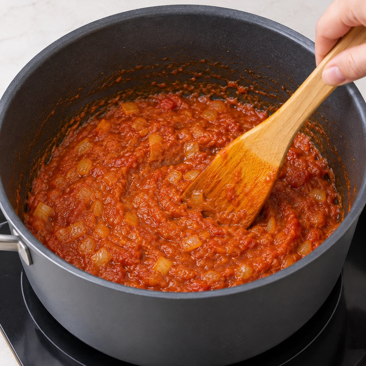 Spatule incorporant les épices moulues à la base rouge de tomate, aucun légume futur.