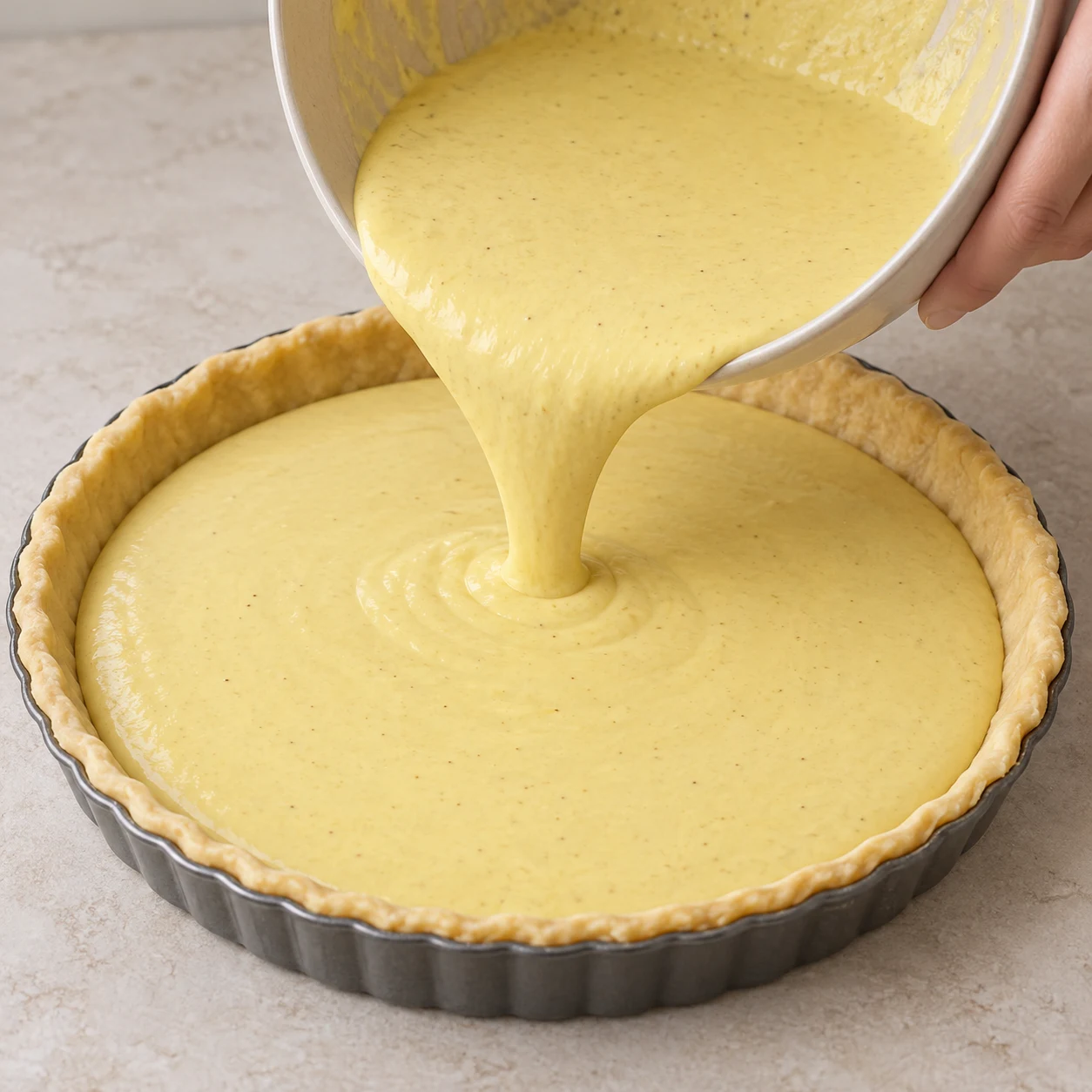 Une seule scène montrant verser l’appareil, uniquement les ingrédients de cette phase. L’appareil couvre le fond de pâte.