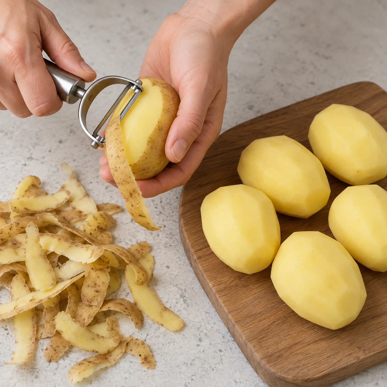 Photo culinaire carrée de l’action : Éplucher les pommes de terre facultatives. Les pommes de terre sont épluchées et de tailles assez voisines pour cuire ensemble. Seulement Pommes de terre à chair ferme. Mains adultes anonymes seulement si le geste le nécessite, aucun texte, visage, bijou ou viande.