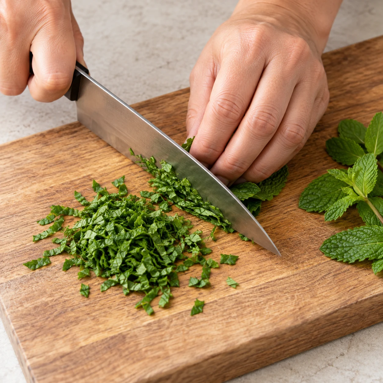 Une main adulte anonyme cisèle une petite quantité de feuilles de menthe fraîche, sans autre ingrédient.