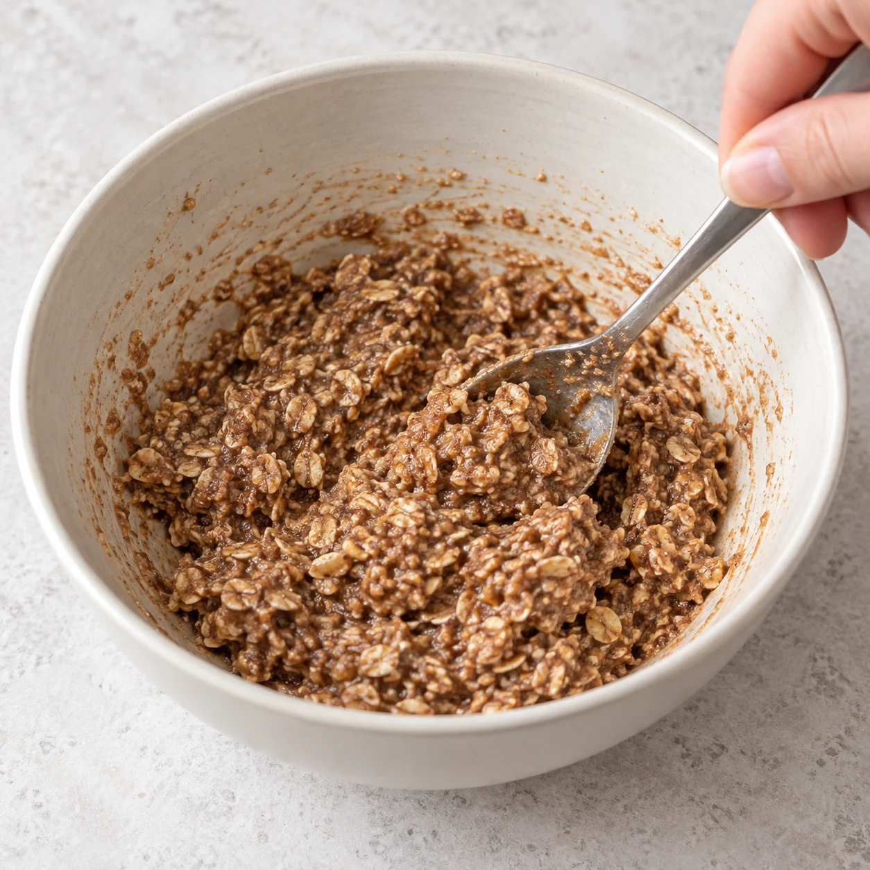 Un bol de pâte humide à flocons visibles, brun clair au cacao ; une main mélange à la cuillère.