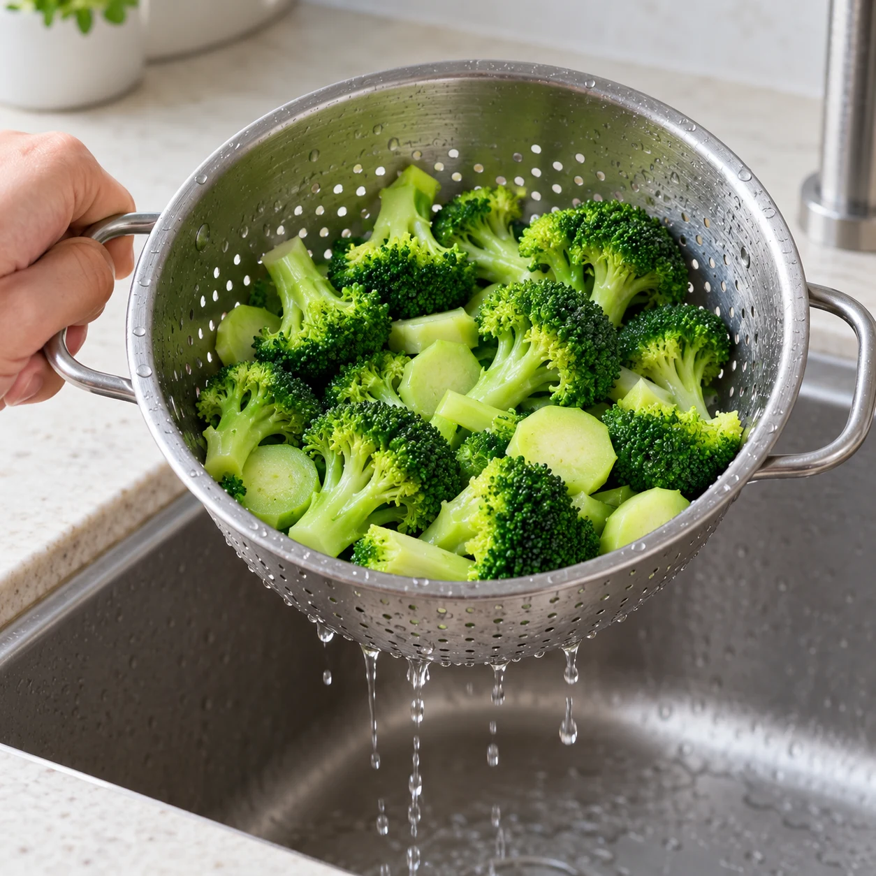 Égoutte le brocoli refroidi dans une passoire avant de le faire sauter.