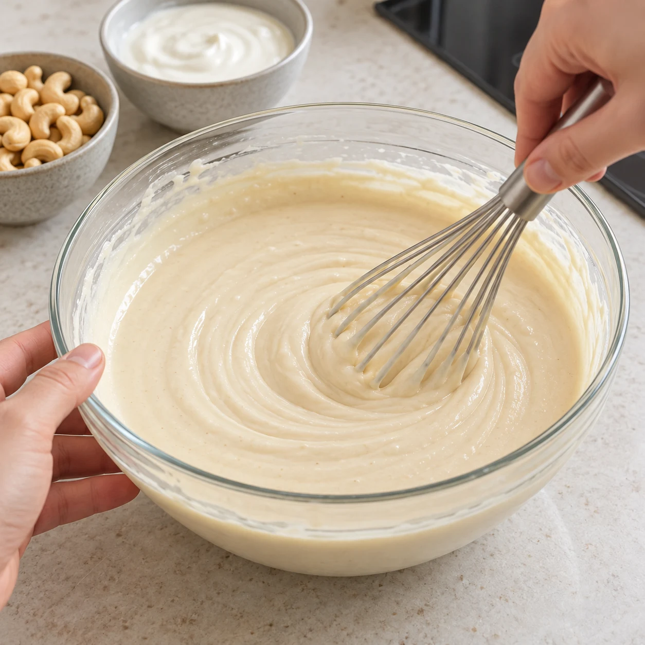 Un fouet incorpore un yaourt soja blanc à la crème beige de cajou sucrée.