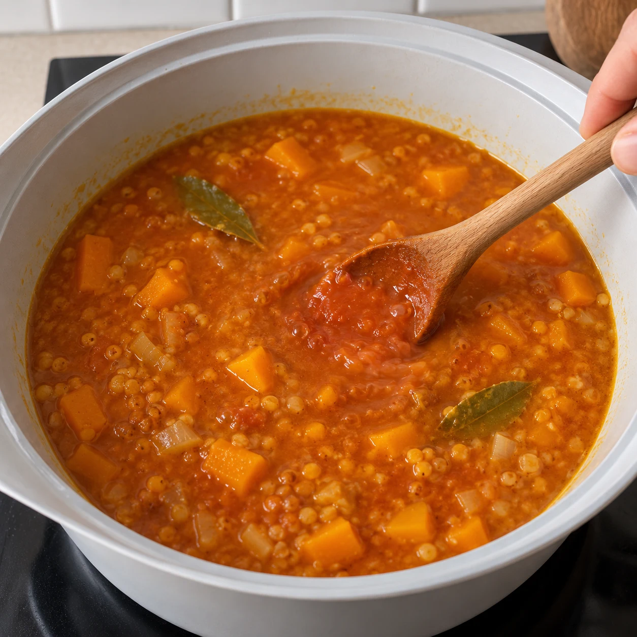 Double concentré de tomates ajouté à la soupe épicée avec laurier.