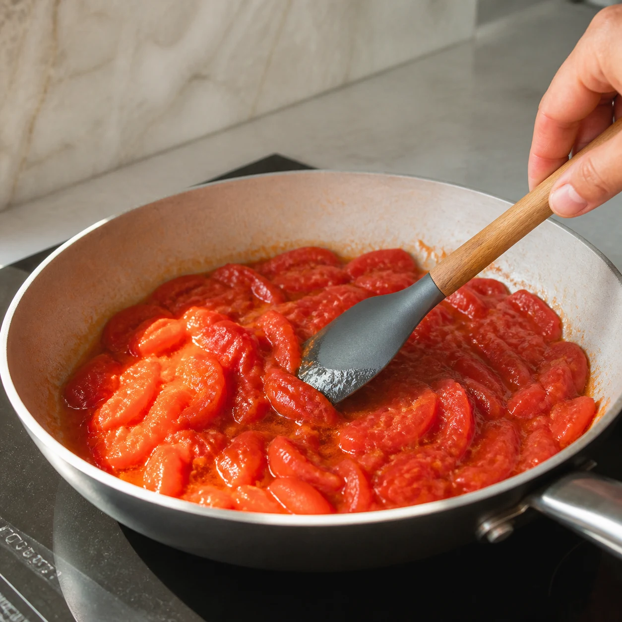 Tomates mondées sans graines coupées en languettes qui fondent dans une poêle.