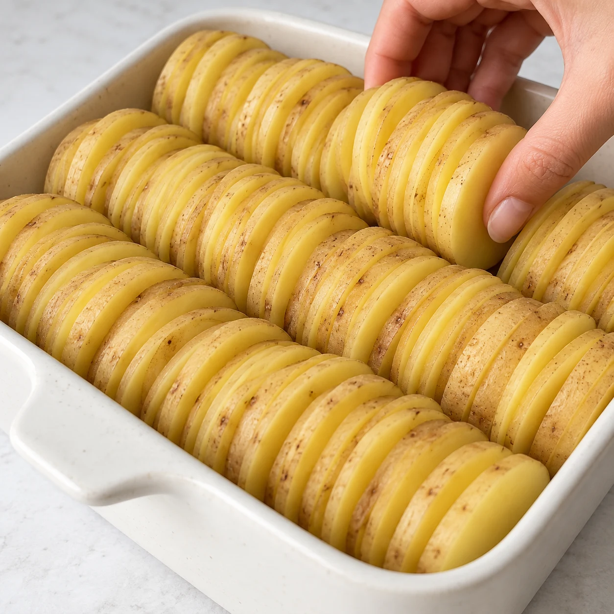 Une main anonyme range des rondelles crues avec peau, dressées et serrées dans un plat à gratin blanc.