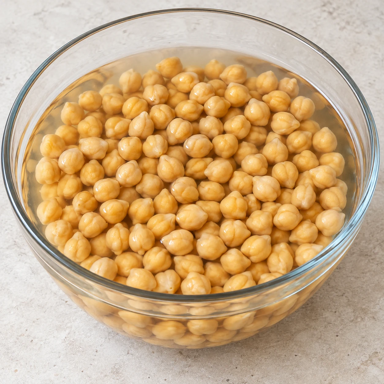 Un bol de pois chiches entiers réhydratés dans leur eau ; leur apparence vient de la capture, le trempage de la recette d’origine.