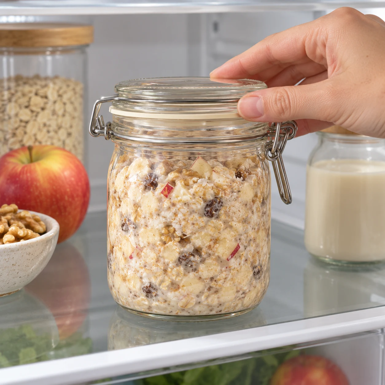 Bocal fermé de bircher épaissi sur une étagère de réfrigérateur propre ; pas de texte.