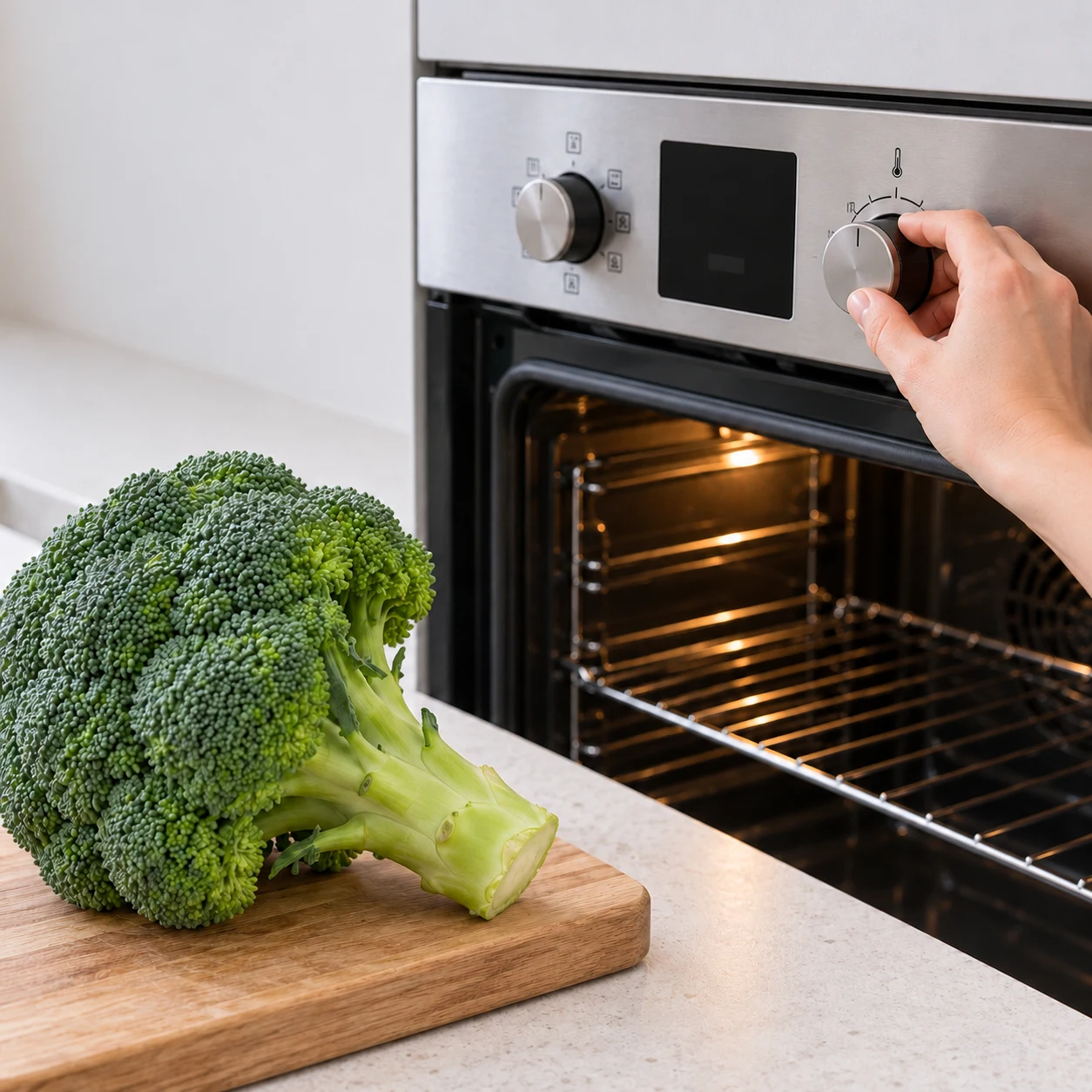 Brocoli entier sur le plan de travail, main anonyme règle le four sans texte visible.
