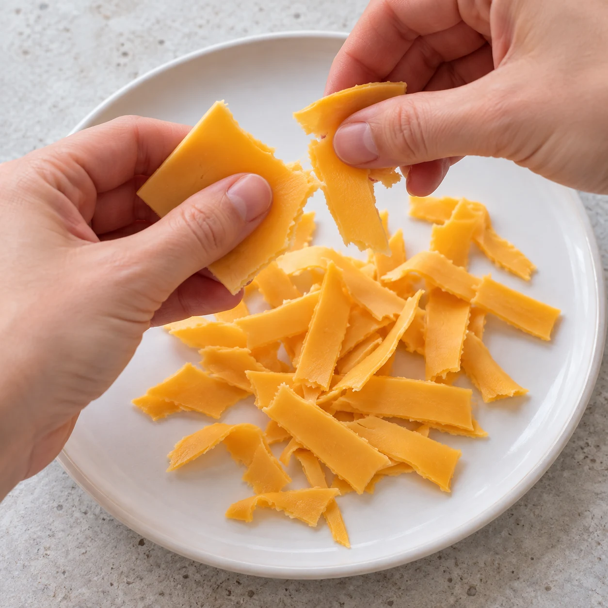 Deux mains adultes anonymes déchirent des tranchettes de fromage végétal orangé en petites bandes sur une assiette blanche. Aucun autre ingrédient visible.