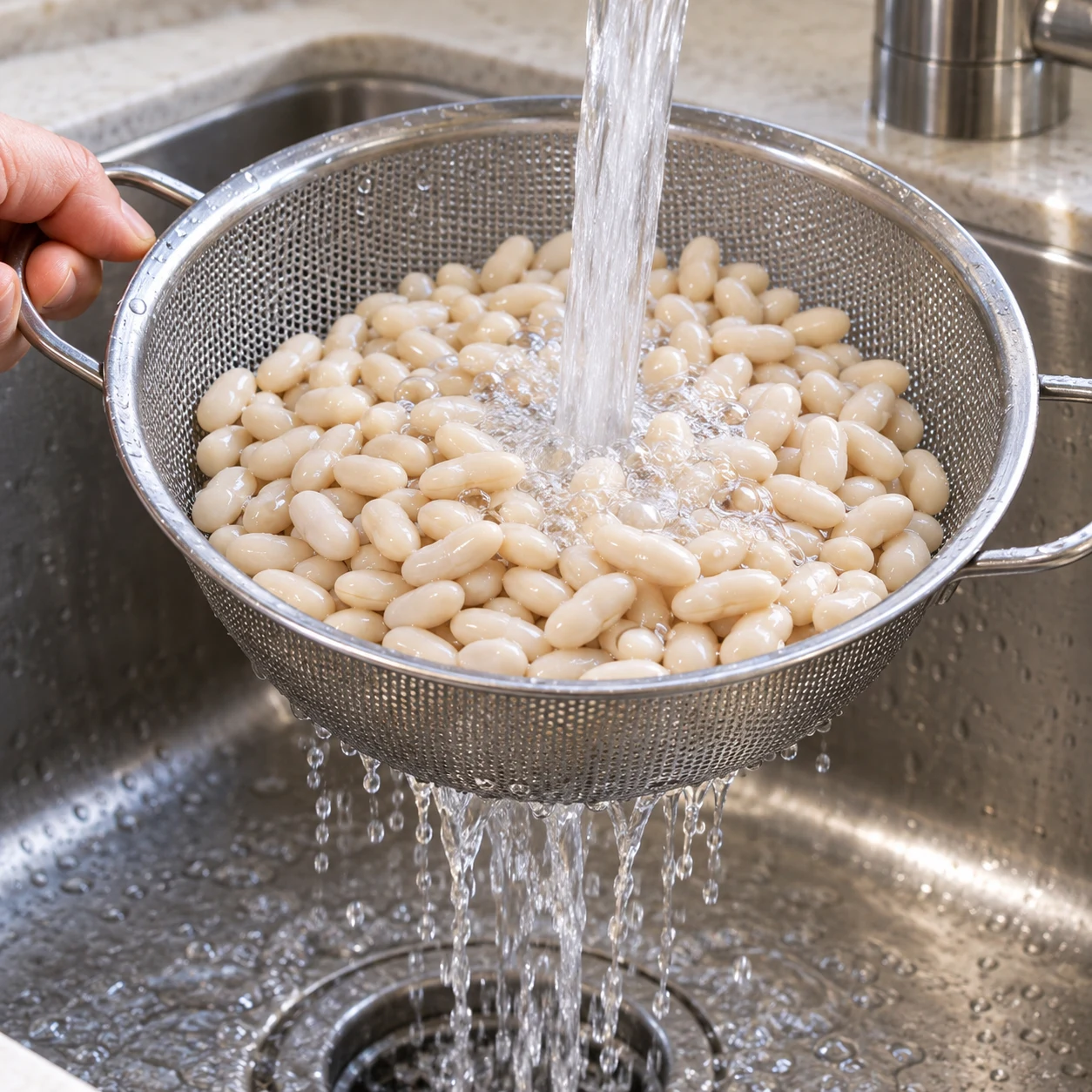 Rincer les haricots : Égoutte les haricots trempés dans une passoire et rince-les sous l’eau. Repère final : L’eau s’écoule librement à travers la passoire.