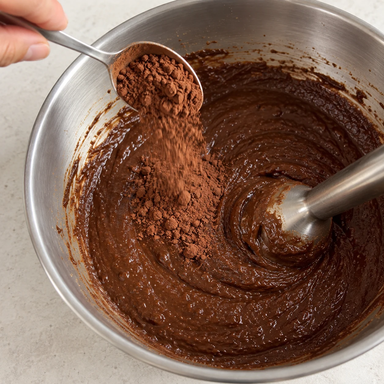 Poudre de cacao incorporée à une pâte chocolatée. Chocolat noir à 70 %, couleur sombre ; adaptation documentée de la source.