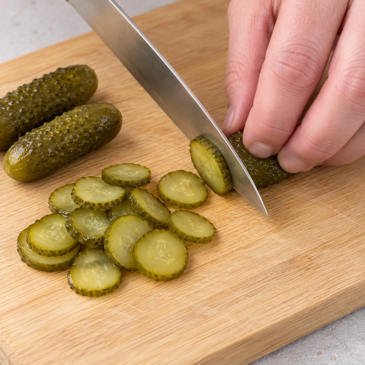 Couper les cornichons. Les rondelles de cornichon sont régulières et égouttées.