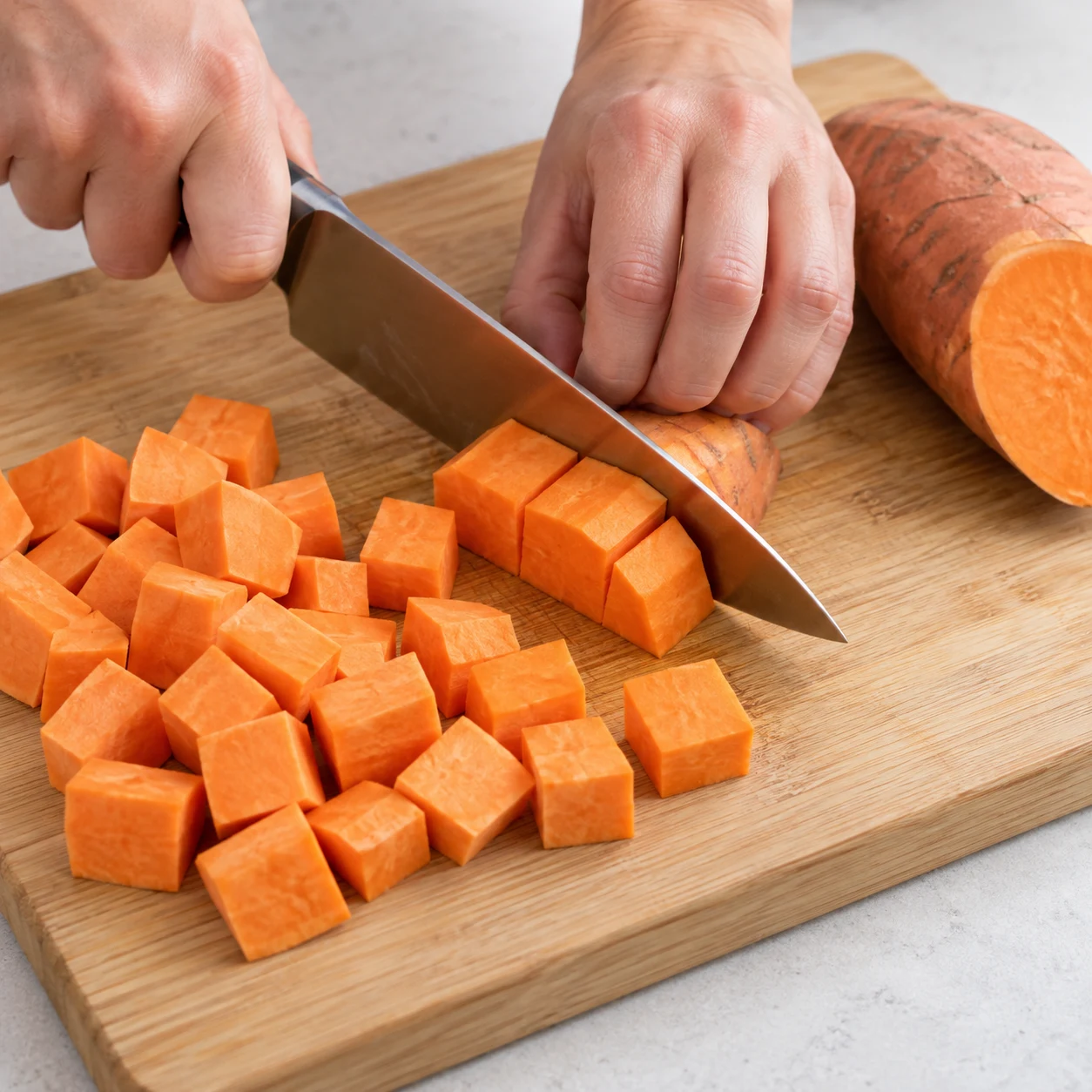 Couteau en train de couper une patate douce orange en cubes, doigts repliés en griffe, planche stable.