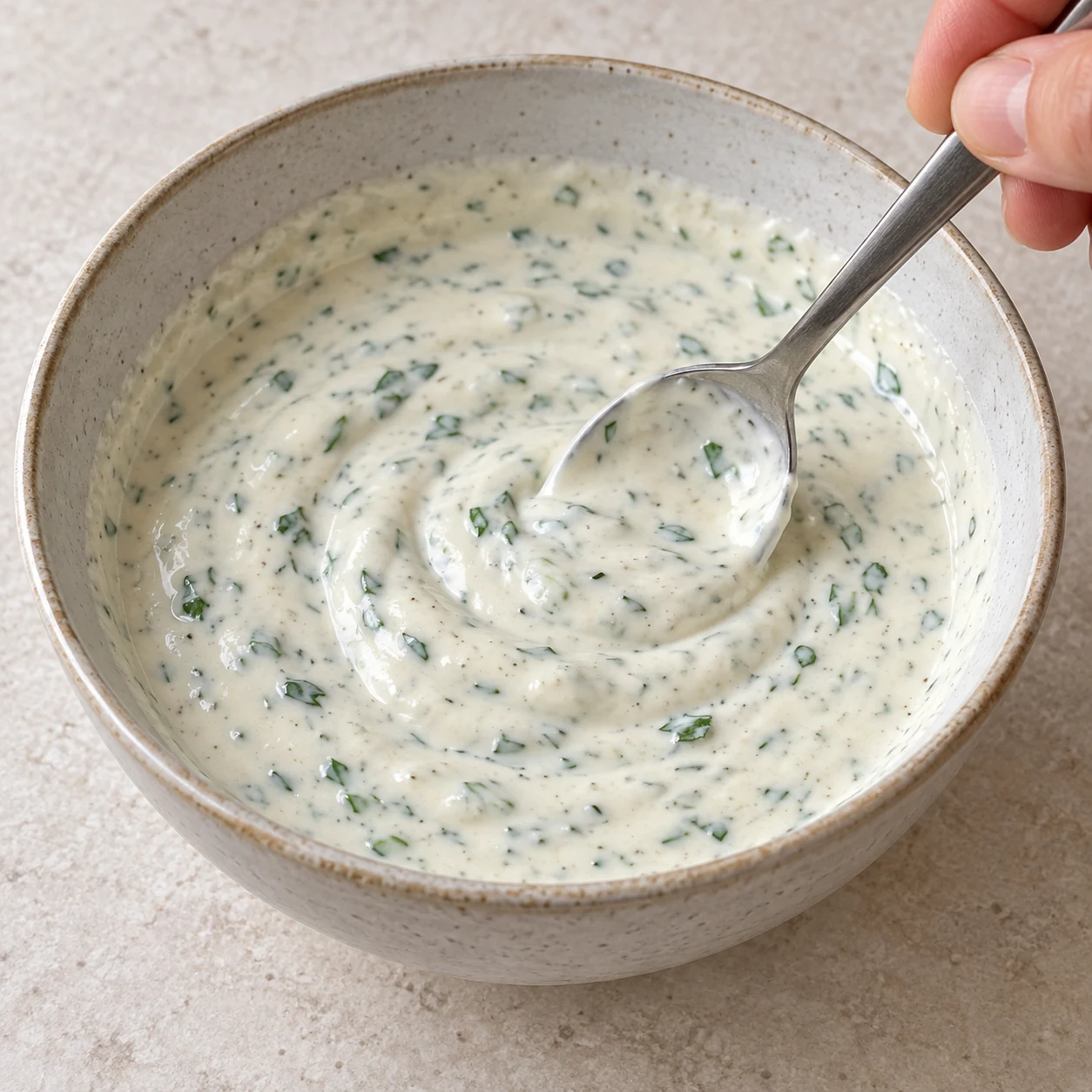 Cuillère mélangeant une sauce soja-tahini épaisse blanche beige ponctuée de petites herbes vertes.