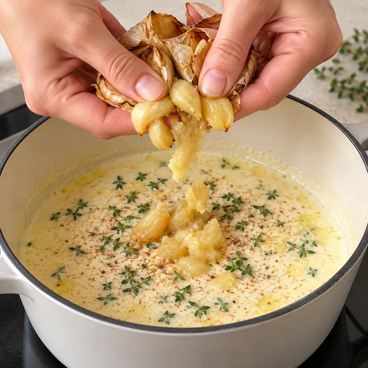 Deux mains anonymes pressent une tête d’ail confite au-dessus de la sauce crème soja, muscade et thym ; pulpe dorée, aucune peau dans la sauce.