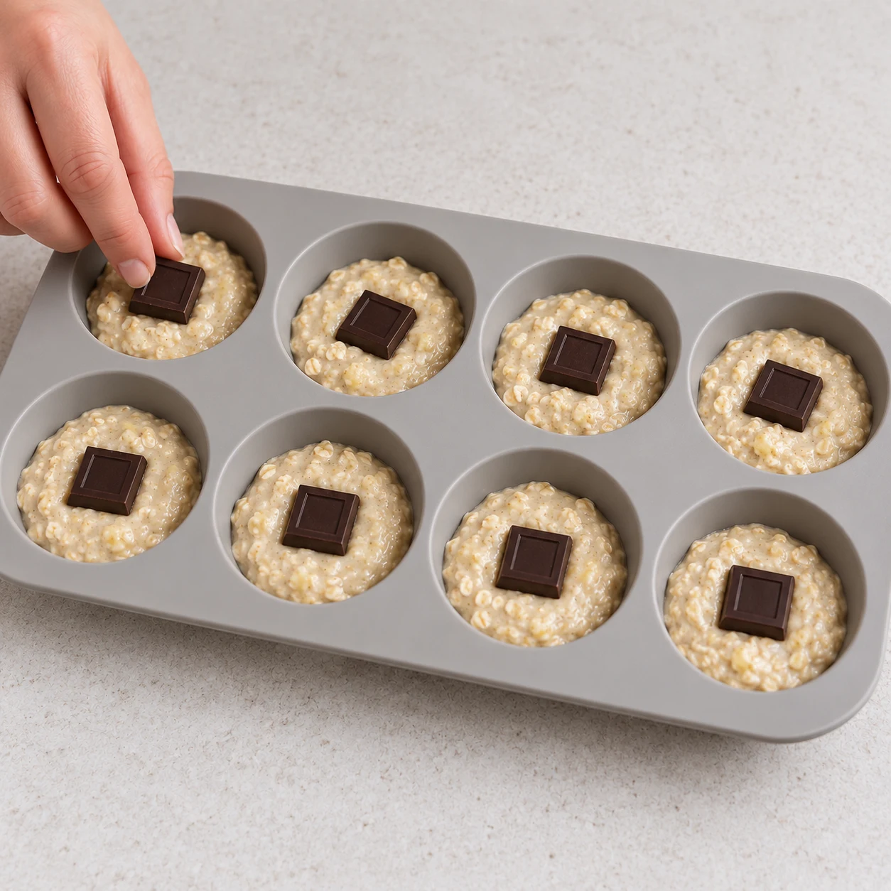 Un carré de chocolat noir placé au centre de chaque muffin.