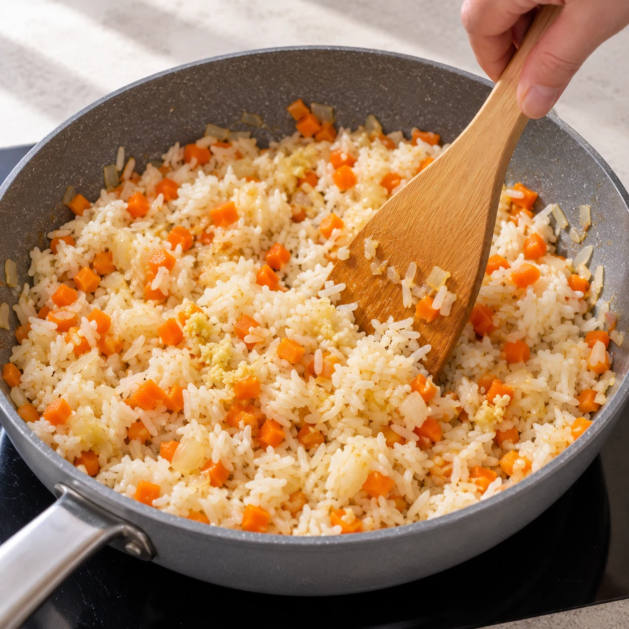 Ajoutez le riz cuit aux légumes dans la sauteuse et décollez doucement les amas avec la spatule. État attendu : Les grains de riz sont répartis parmi les légumes. Une seule scène de cuisine, sans personne identifiable.
