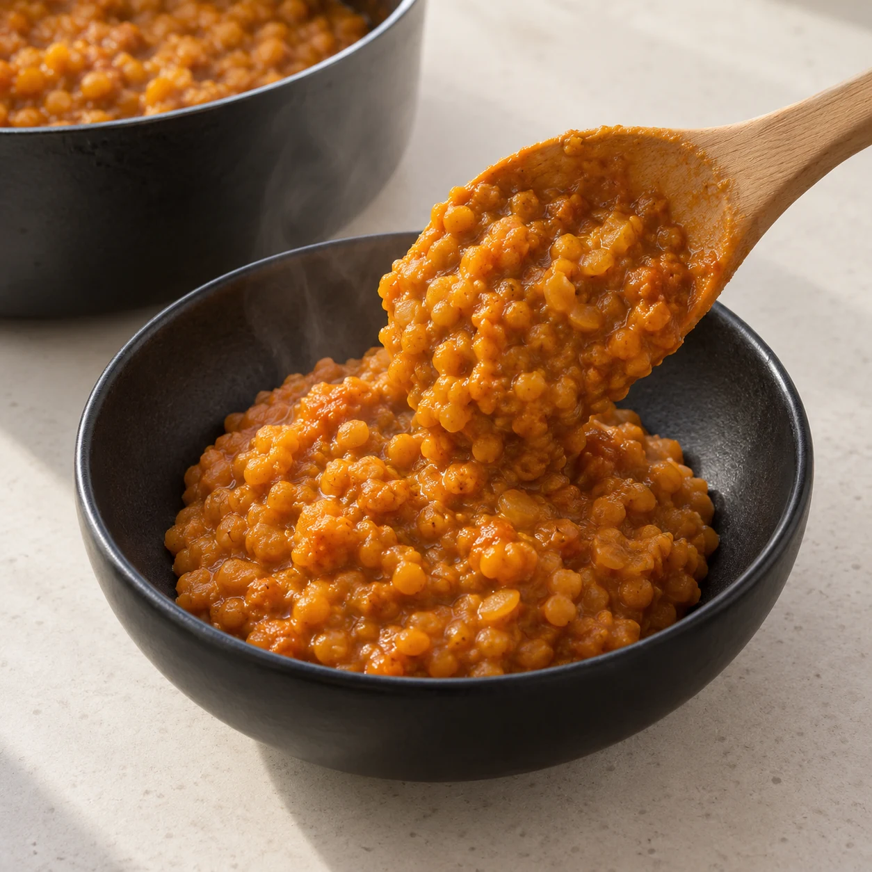 Bol noir de dahl de lentilles corail crémeux, une cuillère en bois qui dépose le dahl dans le bol.