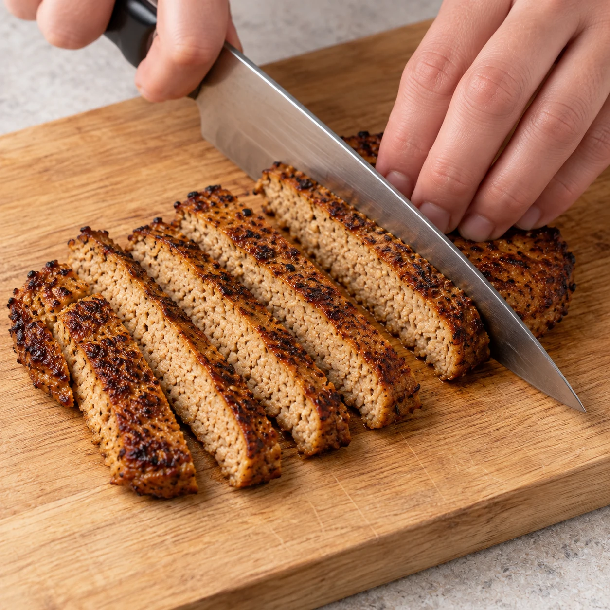 Steak végétal brun doré tranché en lamelles sur planche ; geste sûr.