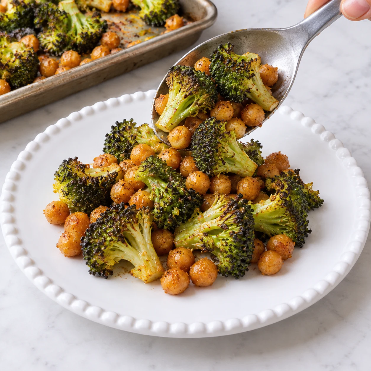 Main avec cuillère de service dépose brocoli et pois chiches rôtis depuis plaque sur assiette blanche, aucune sauce ni garniture.