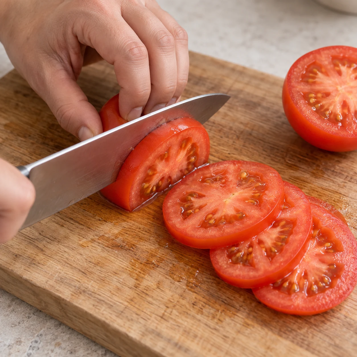 Couper de la tomate en tranches pour garnir les pitas, comme indiqué dans le commentaire de l’autrice. Une seule action, une seule phase de préparation, aucun texte ni personne identifiable.