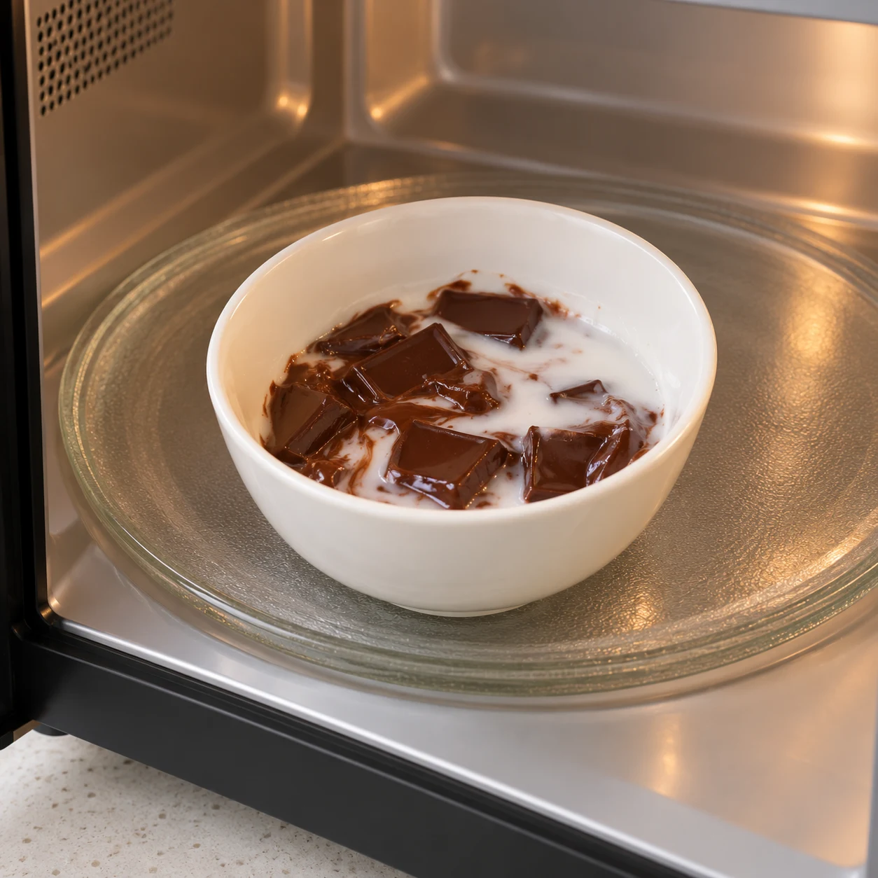 Petit bol neutre de chocolat noir ramolli dans du lait de coco, au micro-ondes.
