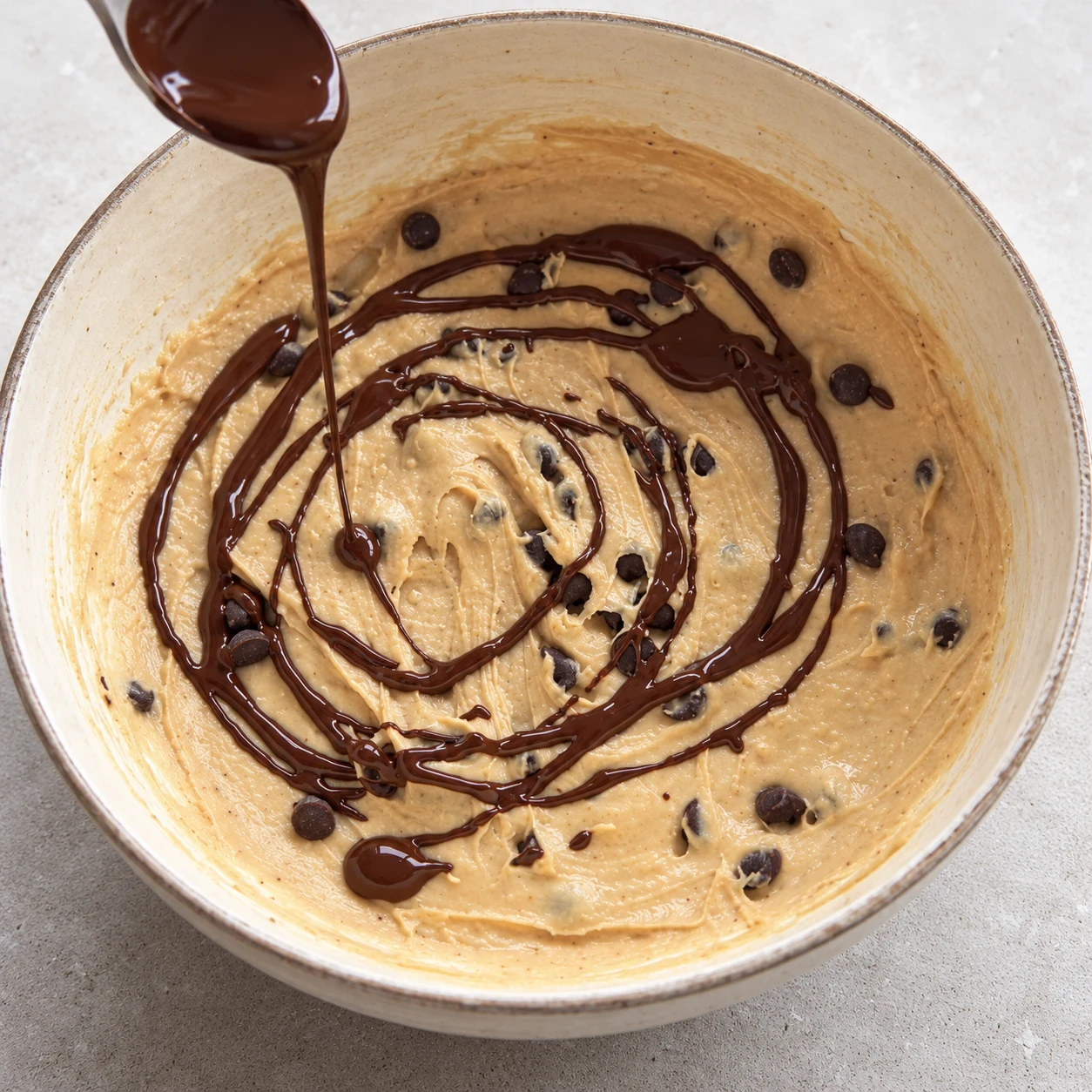 Verser le chocolat fondu. Des filets de chocolat noir couvrent la surface crémeuse.. Montrer uniquement les ingrédients à ce stade, aucune personne reconnaissable, aucun texte.