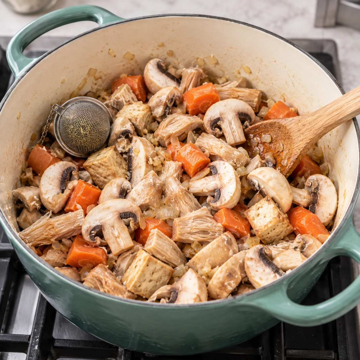 Ajoute les champignons découpés dans le faitout. Montrer seulement les ingrédients présents à cette étape, fidèles à la capture source, dans un cadre de livre de cuisine neutre sans visage, texte ni marque. Adaptation validée : représenter des champignons de Paris blancs et une boule à épices contenant les herbes de Provence, uniquement lorsqu’ils sont présents dans cette étape.