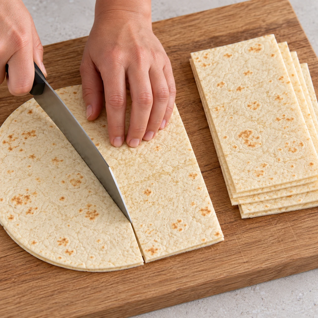 Découpez les cinq grands wraps en rectangles de même taille sur une planche stable. Montrer uniquement cette phase, sans texte ni personne identifiable ; soja cuisiné brun-rouge émietté, jamais viande rose.