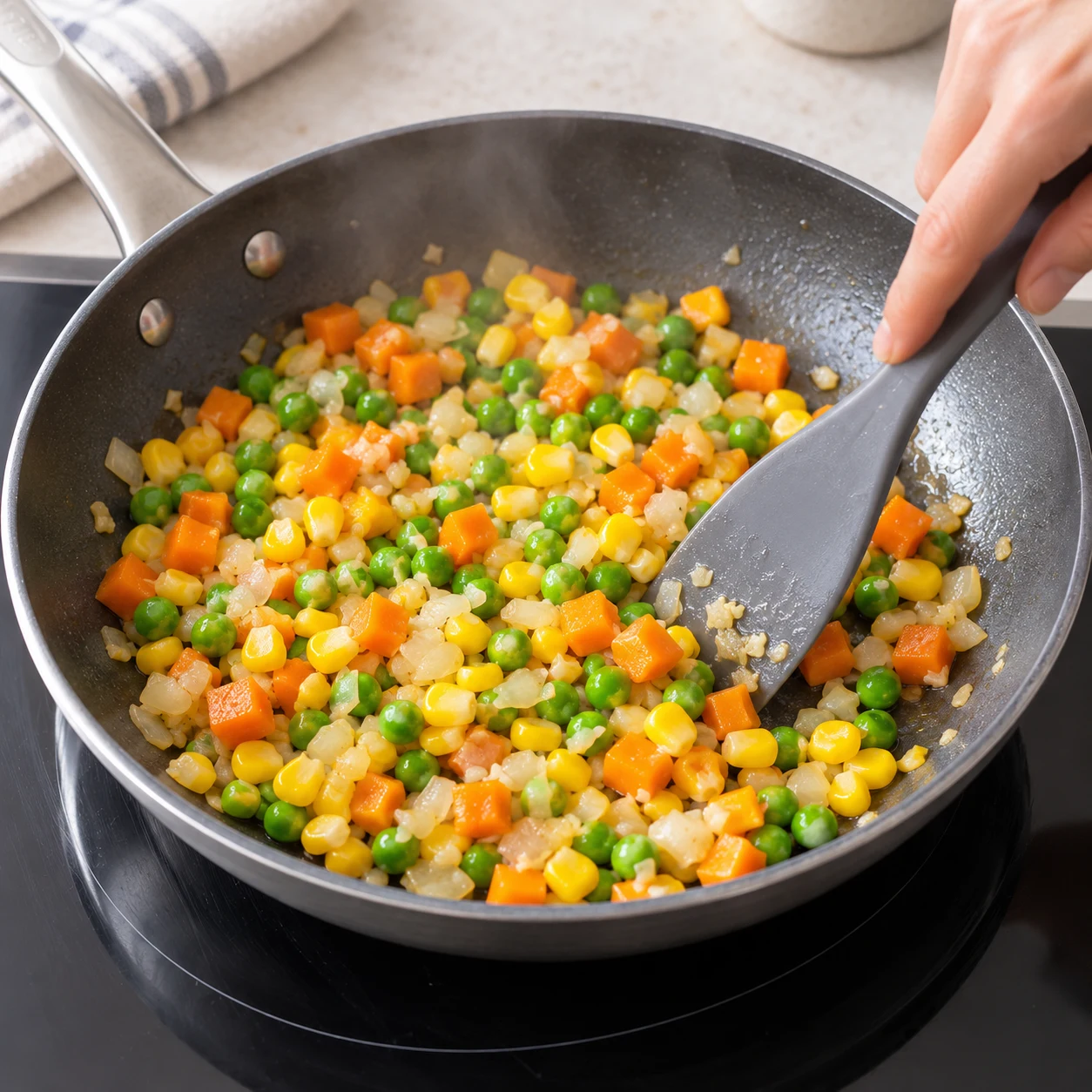 Mélange de maïs jaune, petits pois verts, dés de carotte orange, oignon et ail sauté, sans riz ni protéine végétale.