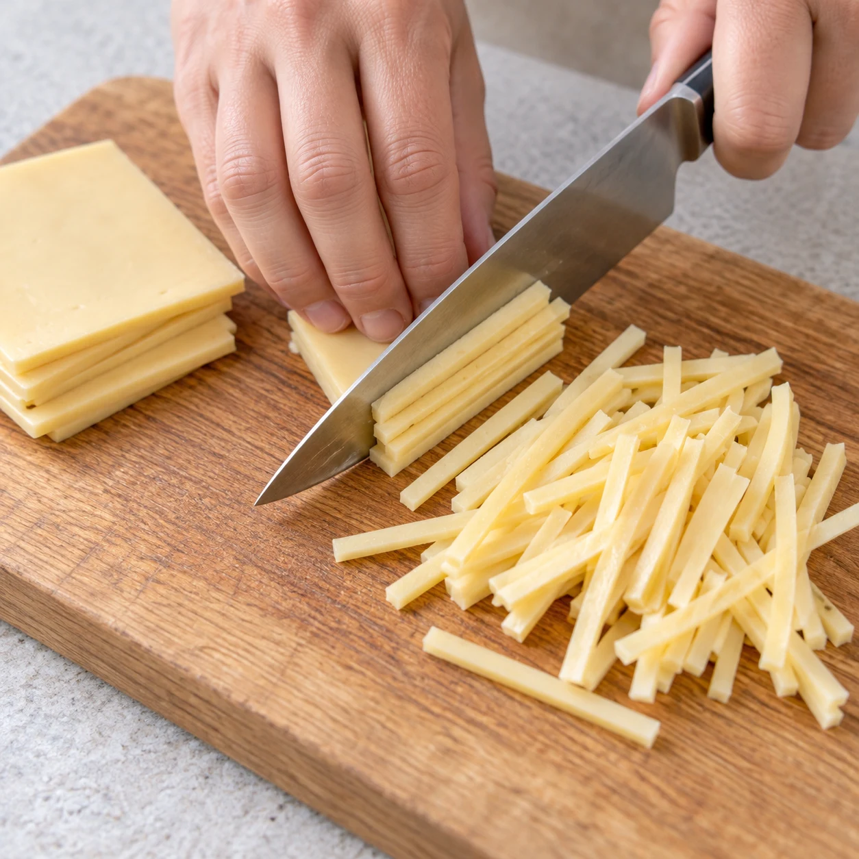 Coupe les 50 g de fromage végétal en fines lanières sur une planche stable. Cette découpe remplace le râpé de la source. Montrer seulement les ingrédients de cette étape ; adaptation végétale, aucun saumon ni produit laitier.