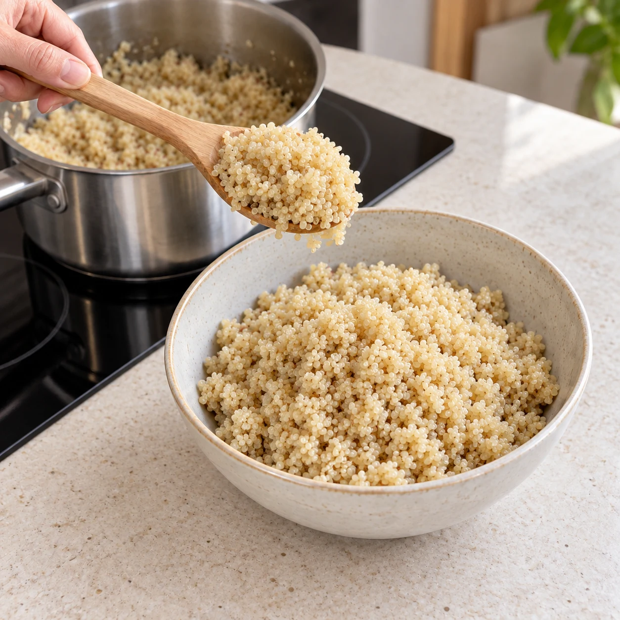 Quinoa blond cuit avec les germes visibles, égoutté dans un bol ; aucun quinoa sec montré comme cuit.