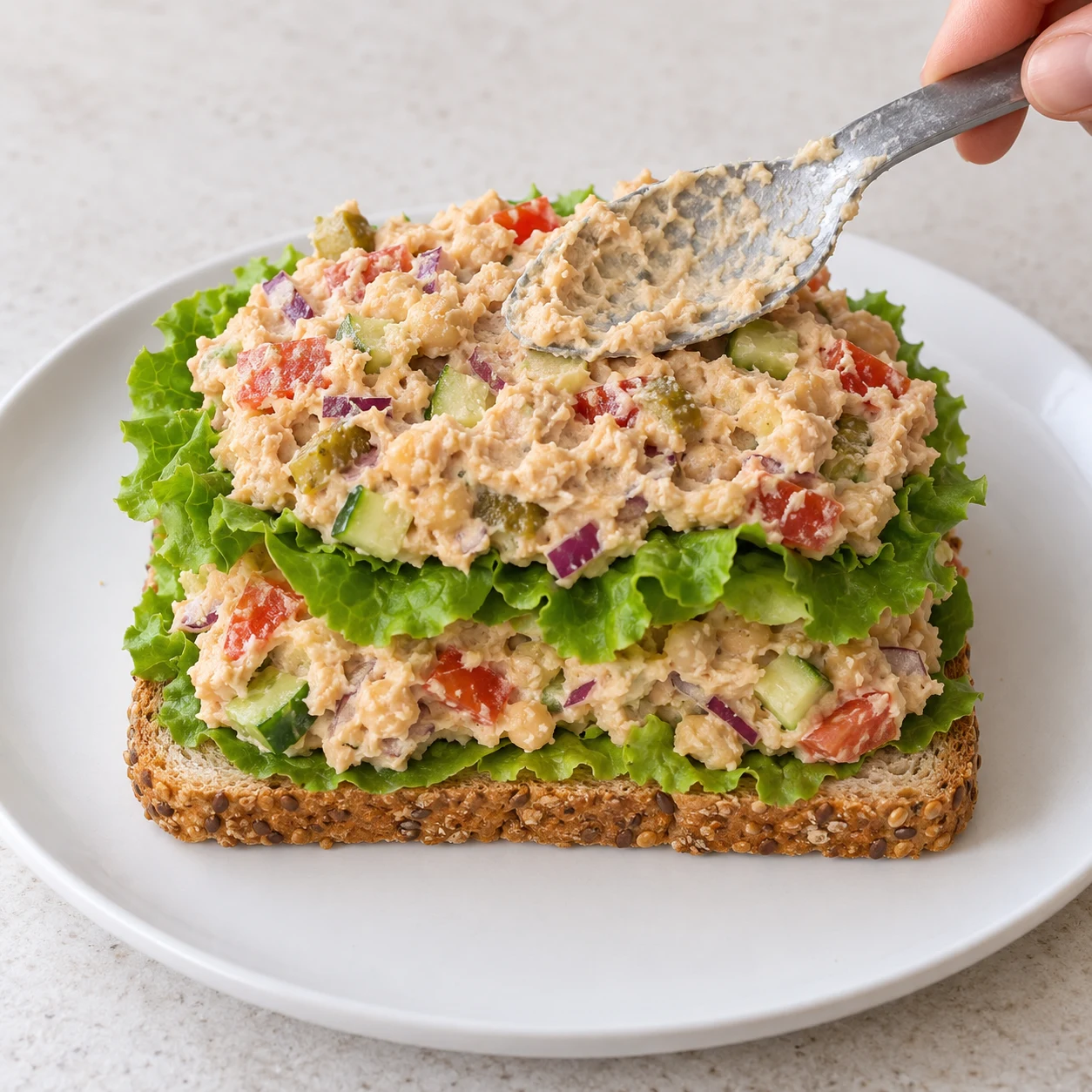Étalez le reste de la garniture crémeuse sur la seconde couche de salade. Montrer uniquement les ingrédients de cette phase sur pierre pâle, vaisselle blanche neutre.