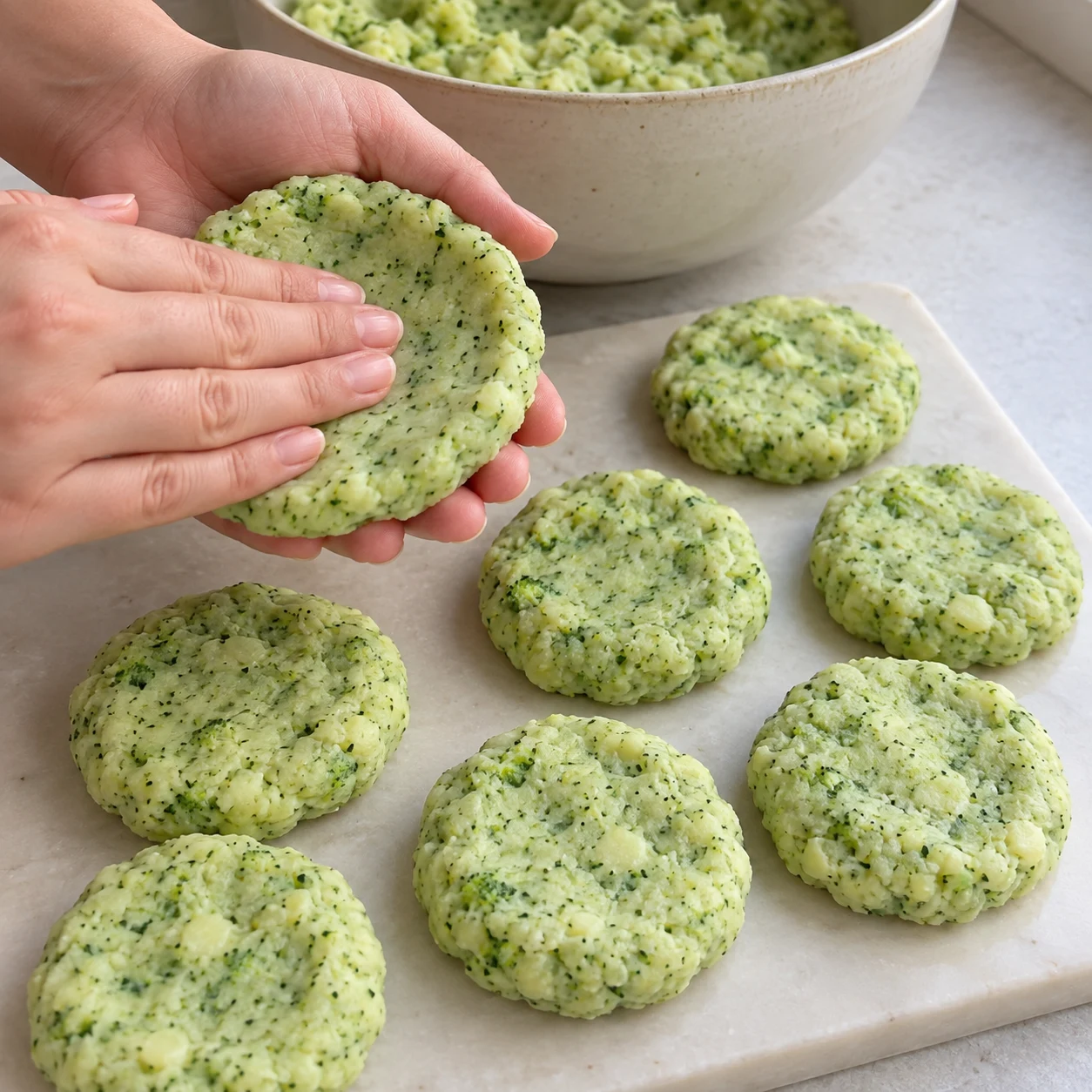 Mains anonymes façonnant un disque de pâte verte au-dessus du saladier.