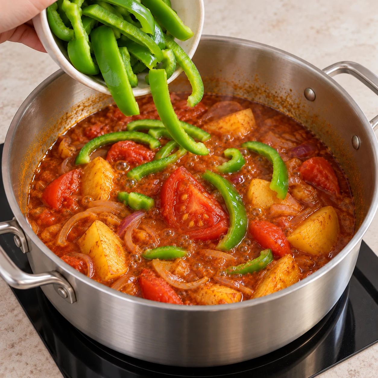 Photographie culinaire carrée de cette seule action : Ajouter les poivrons verts. Lanières vertes plongées dans la sauce sans être écrasées. Aucun poulet ni produit animal.