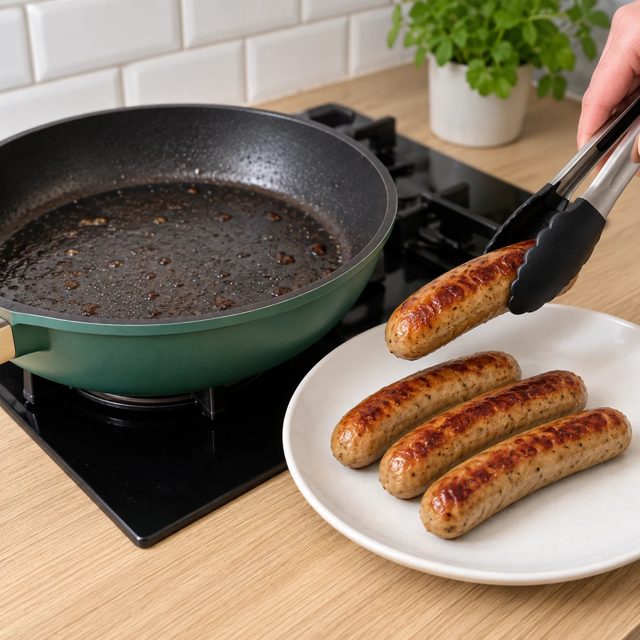 Réserver les saucisses : Les quatre saucisses grillées sont hors de la poêle.