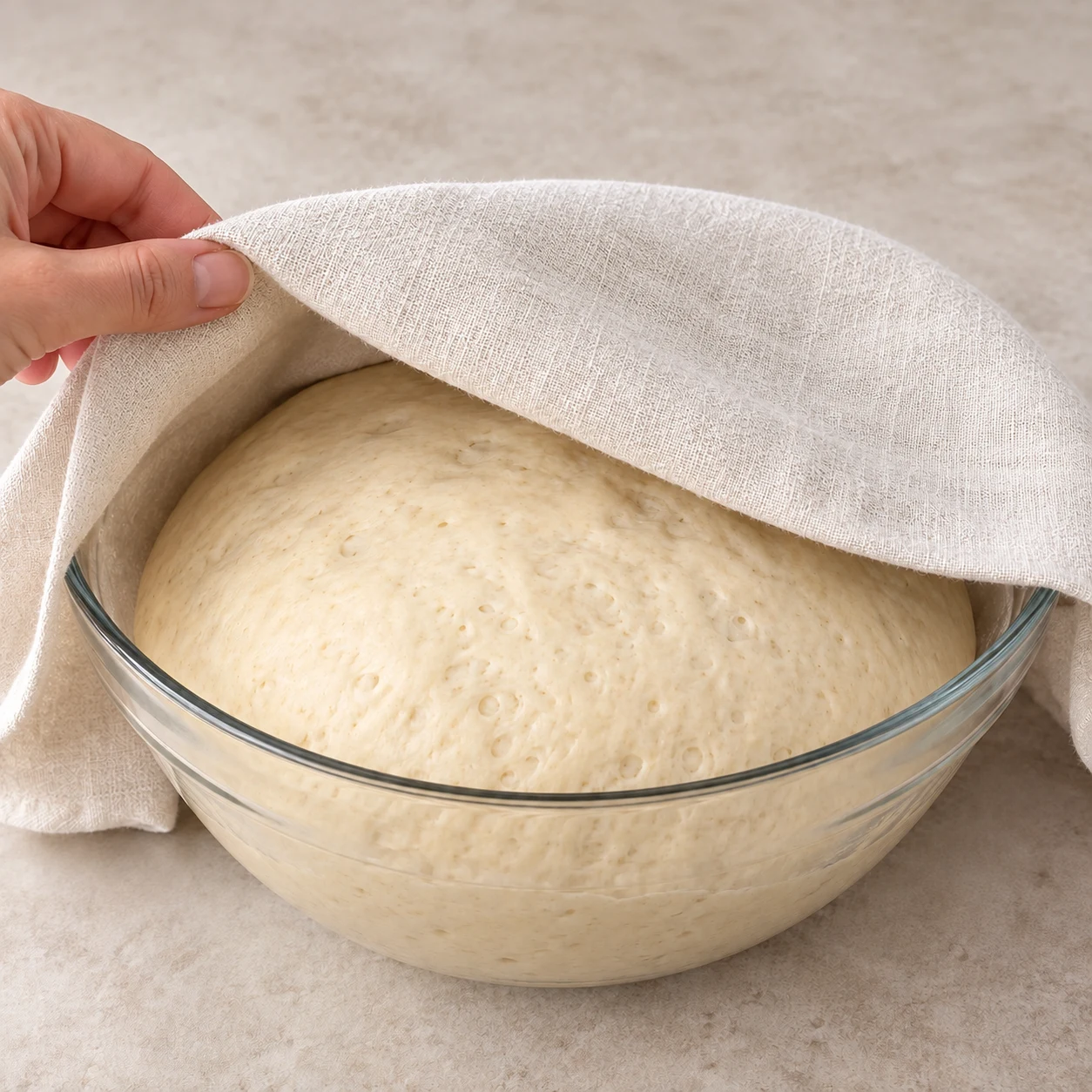 Laisser lever. La pâte a doublé de volume sous le linge.