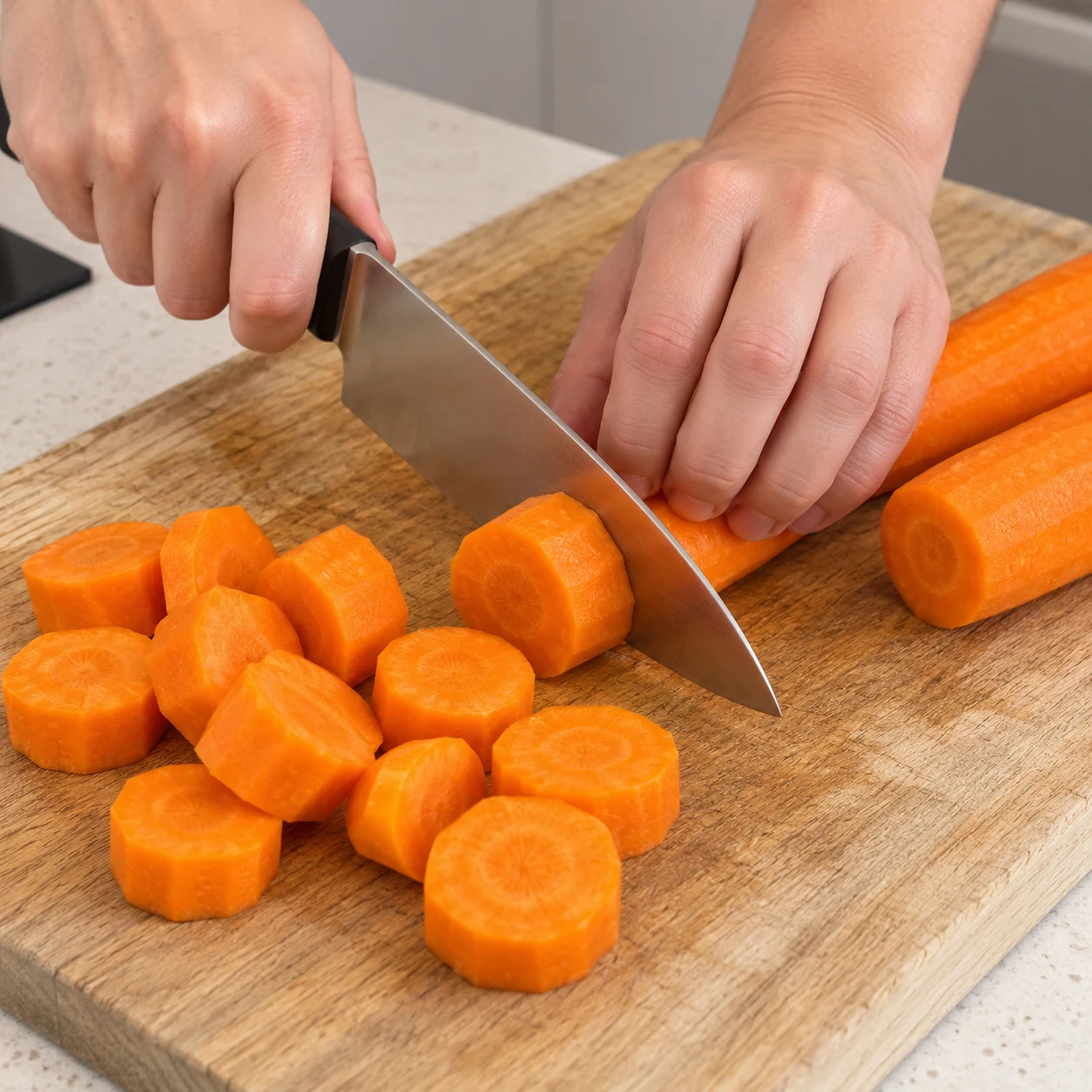 Planche à découper en bois, carottes pelées orange et gros tronçons de carotte coupés au couteau, une main adulte posée sur les carottes.