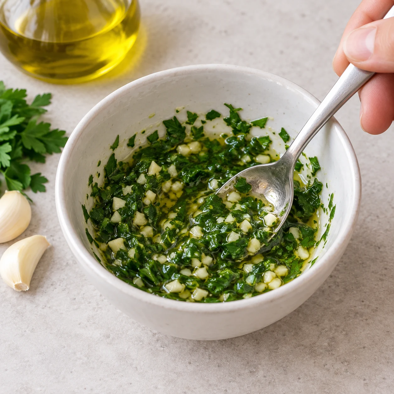 Petit bol de persillade fraîche à l’huile d’olive.