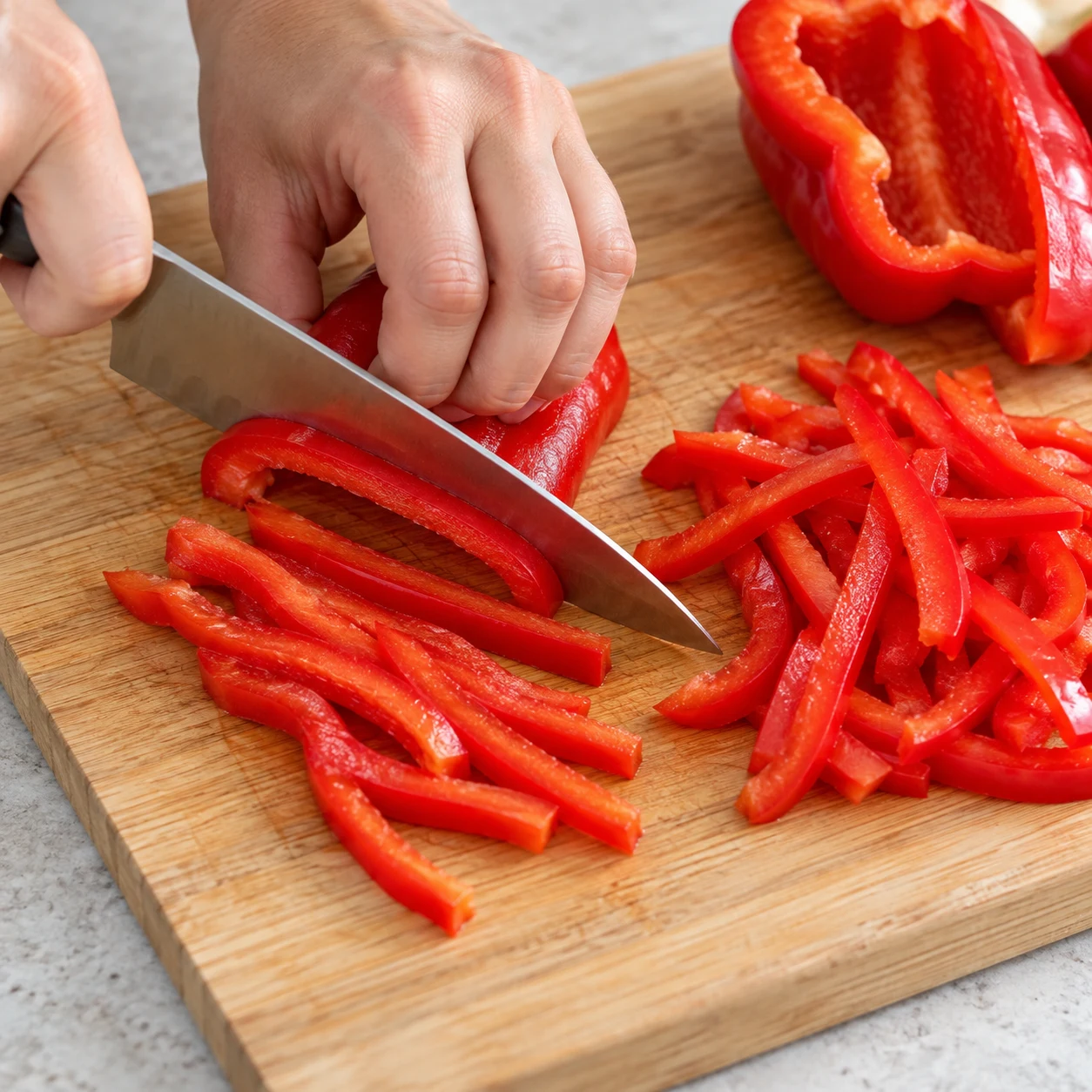 Main en griffe et couteau coupant un poivron rouge en lamelles sur planche stable.