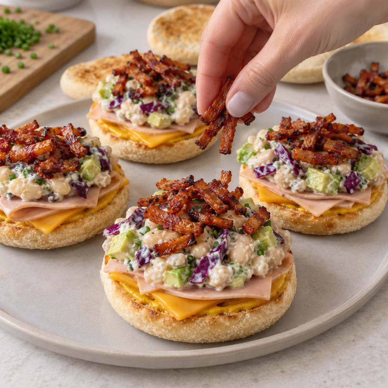 Répartir les lardons végétaux grillés sur la farce des cinq sandwichs.