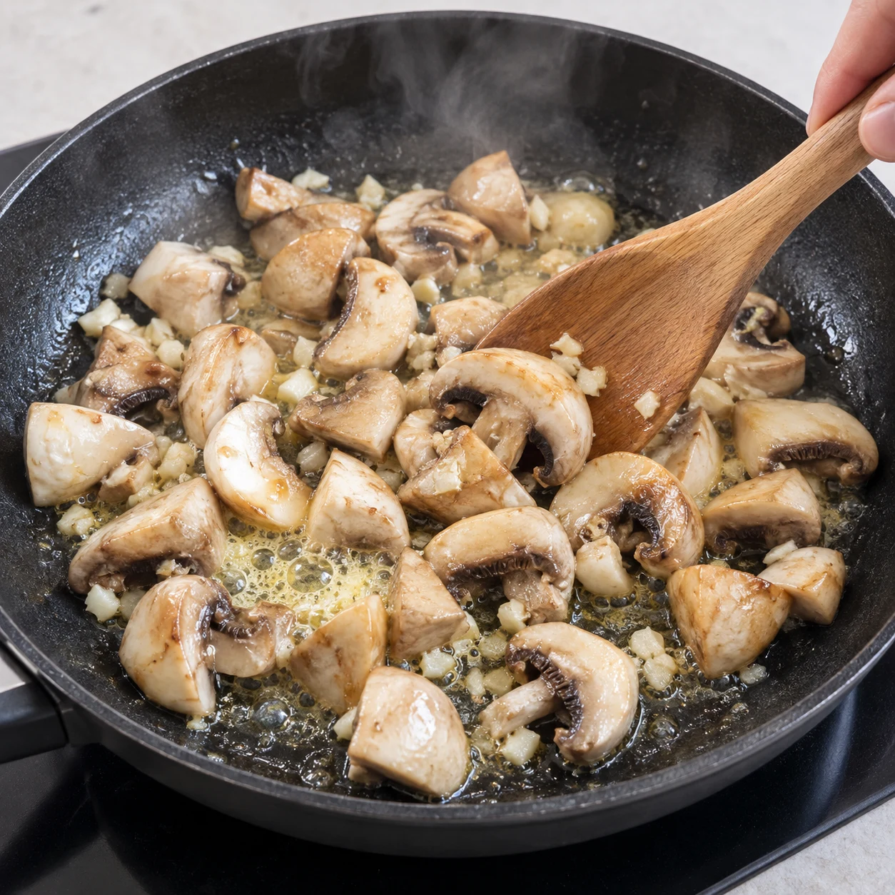 Champignons en gros morceaux et ail haché revenant dans la margarine, poêle noire, humidité encore présente.