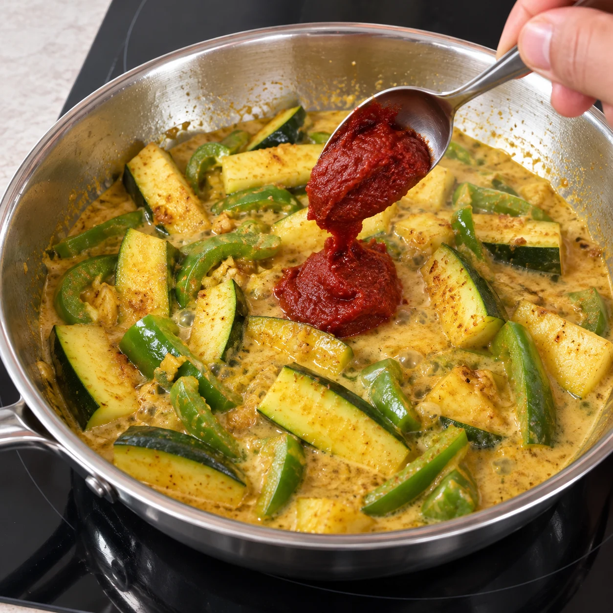 Cuillère de concentré de tomate au-dessus de la sauce coco aux légumes.