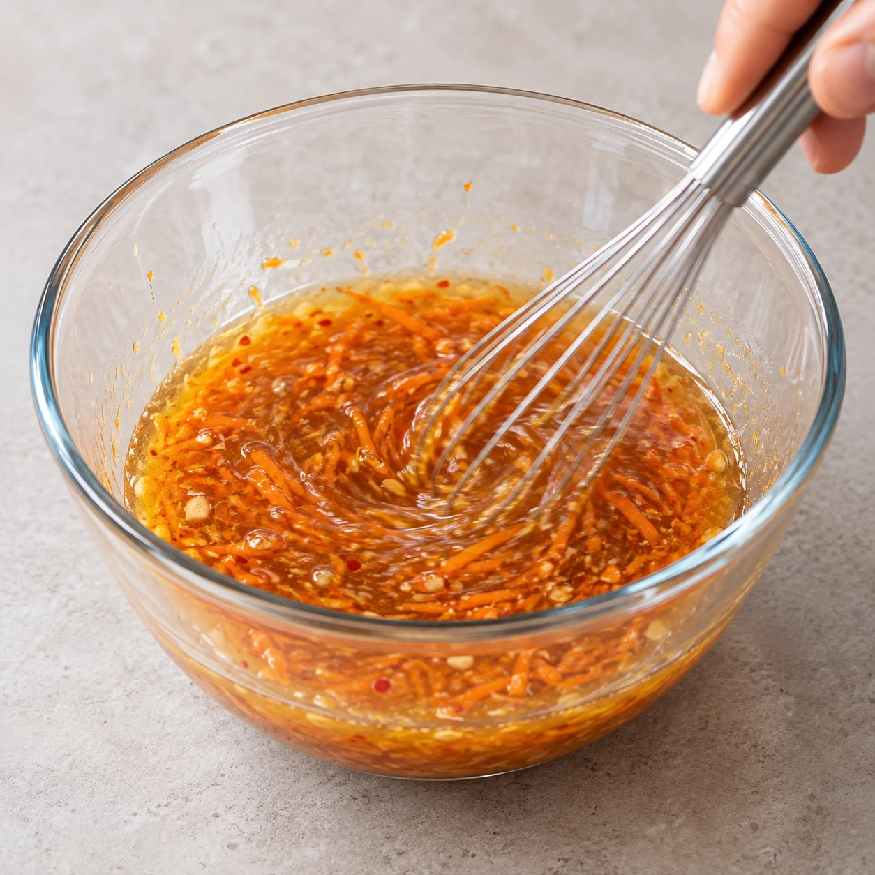 Mélanger la sauce : La sauce est fluide, homogène, avec la carotte et les aromates répartis.