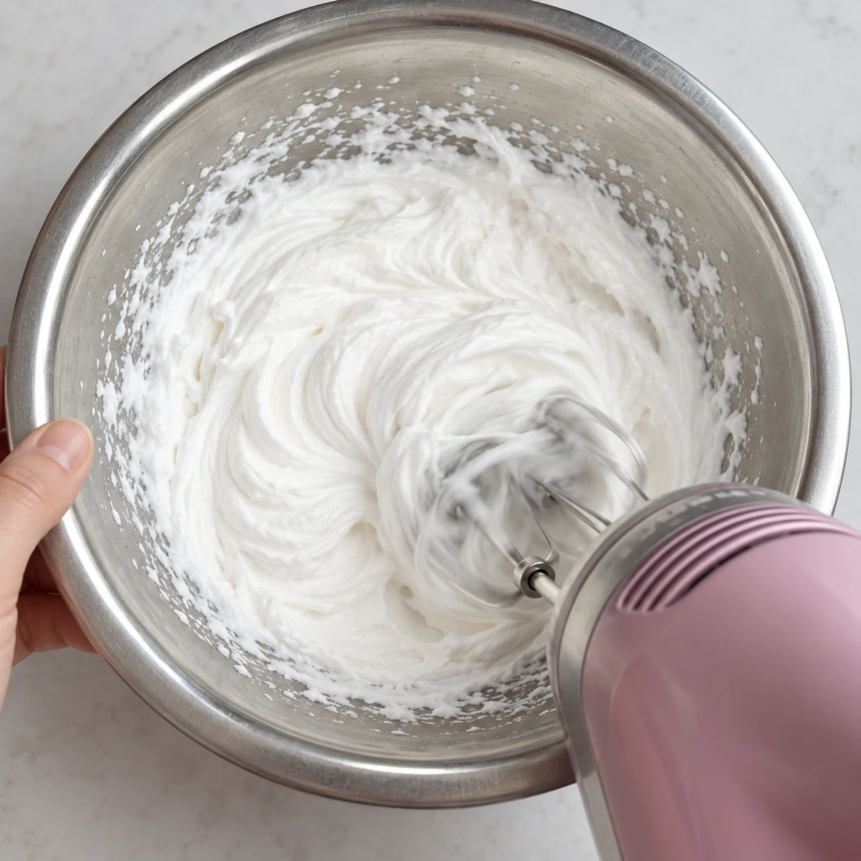 Saladier en inox avec de la crème de coco blanche fouettée et mousseuse, fouets d'un batteur électrique en action.