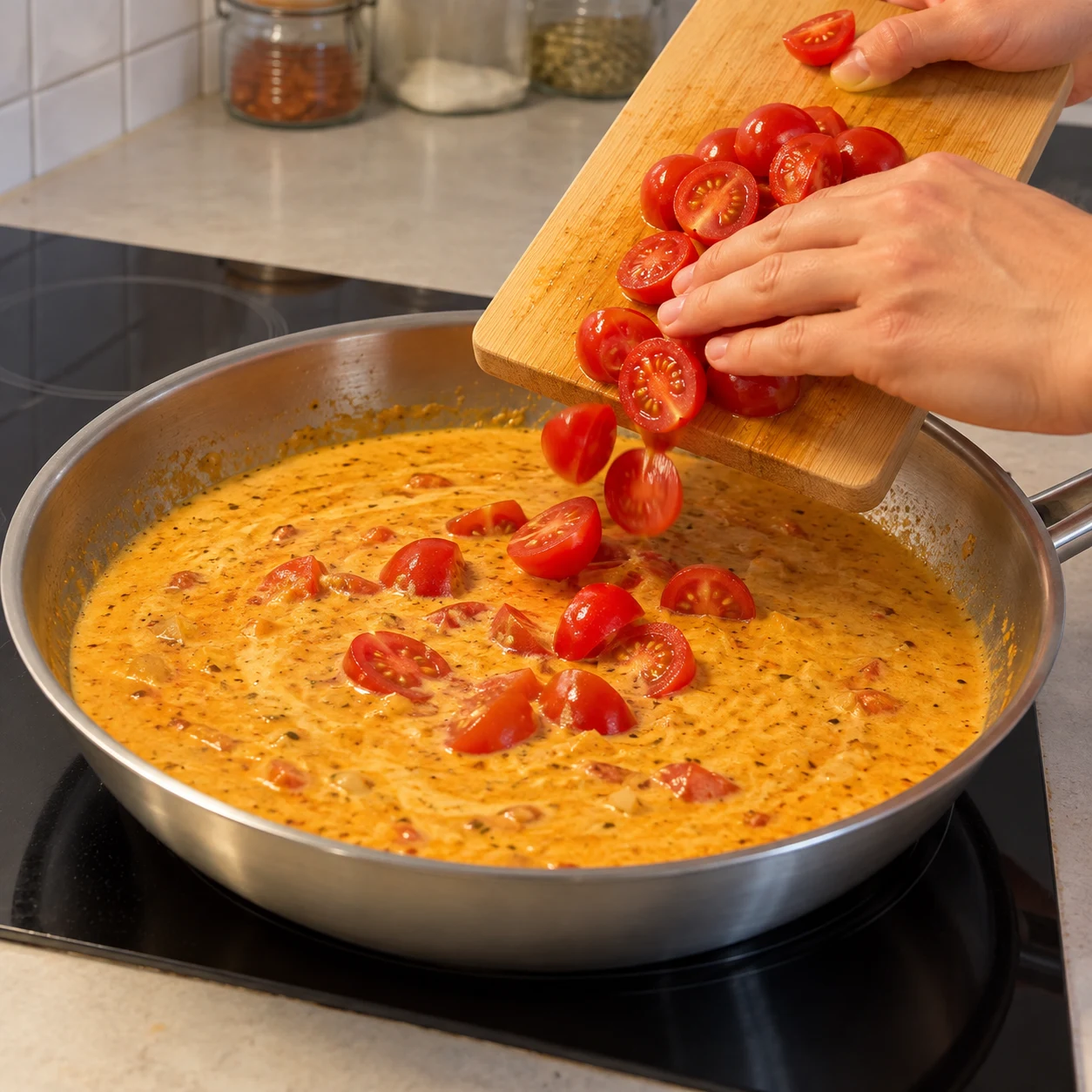 Une seule action : Ajouter les tomates cerise. Les demi-tomates sont dans la sauce. Poêle neutre en inox quand la cuisson est montrée. Aucun ingrédient futur.